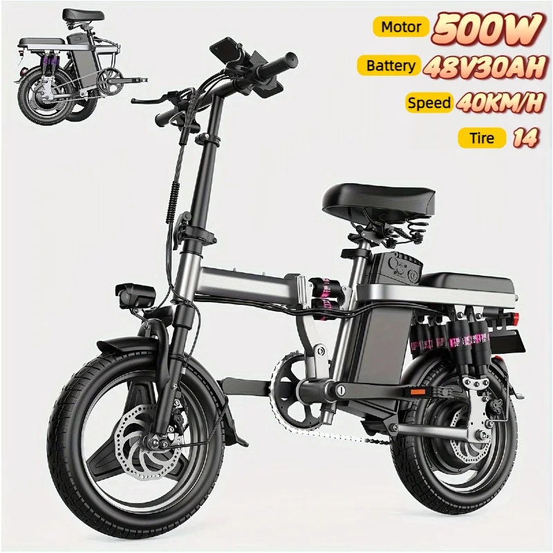F12 Small Mini Folding Electric Bike 500W Motor 48V30Ah Battery E-Bike 40km/h 14 Inch Tire Lightweight Leisure Electric Bicycle image 2