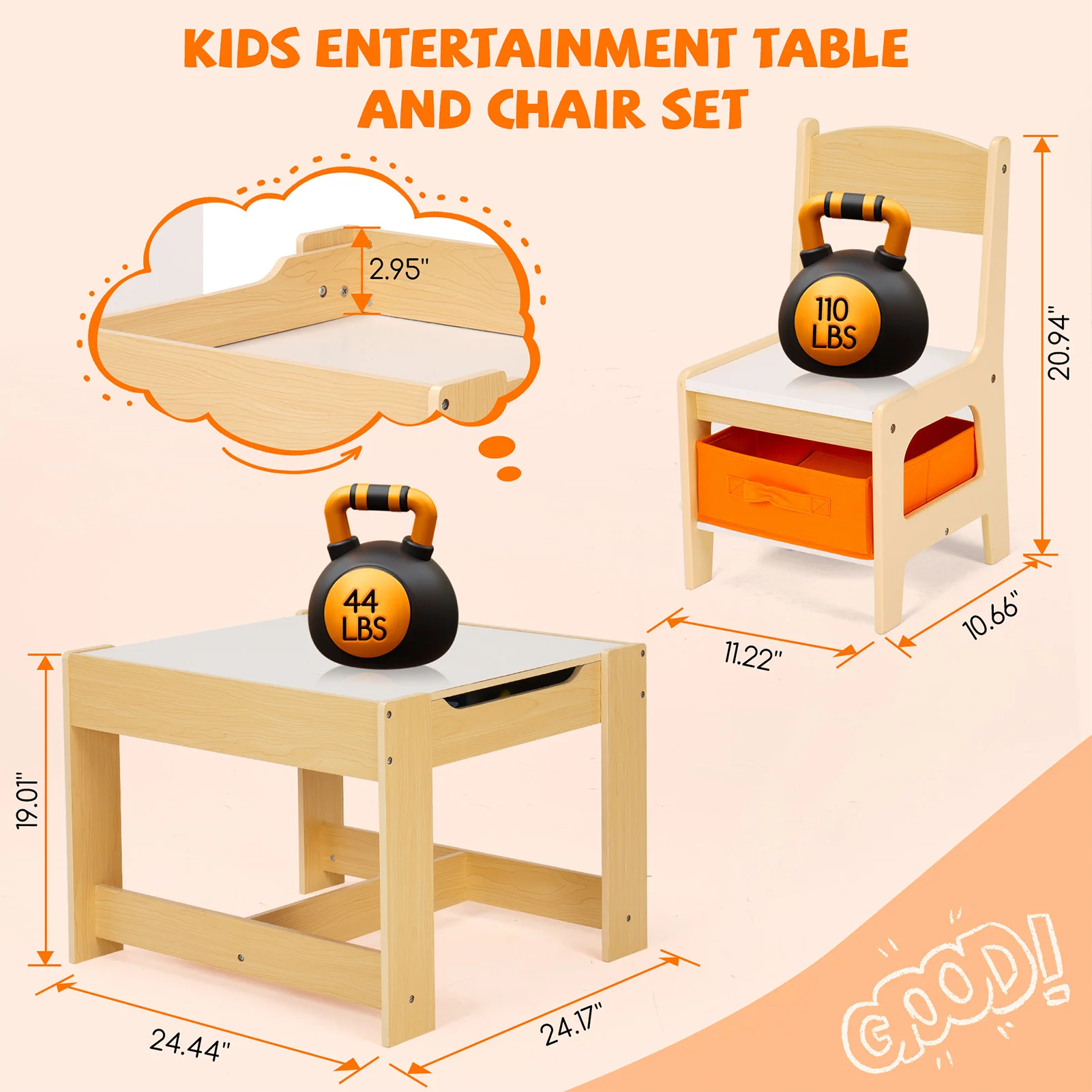 Kids Table and Chair Set with Storage, Adjustable Height Children's Activity Table for Drawing, Eating & Play - Foldable Toddler