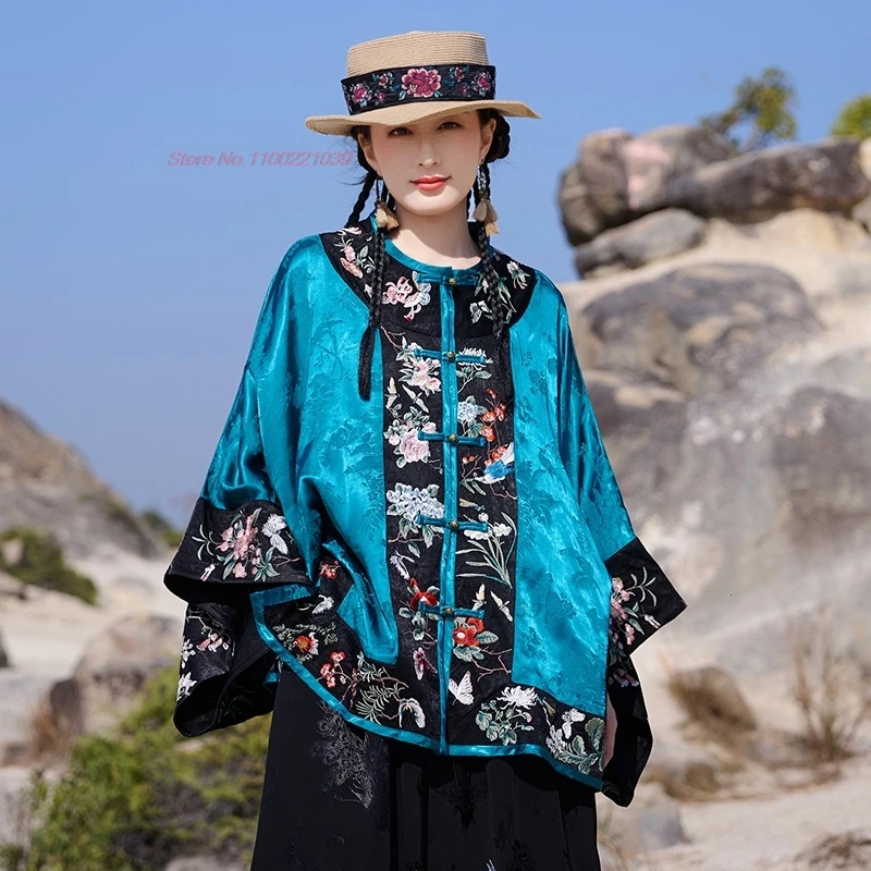 

2025 chinese traditional coat improved hanfu tops national flower embroidery satin jacquard o-neck jacket ethnic folk blouse