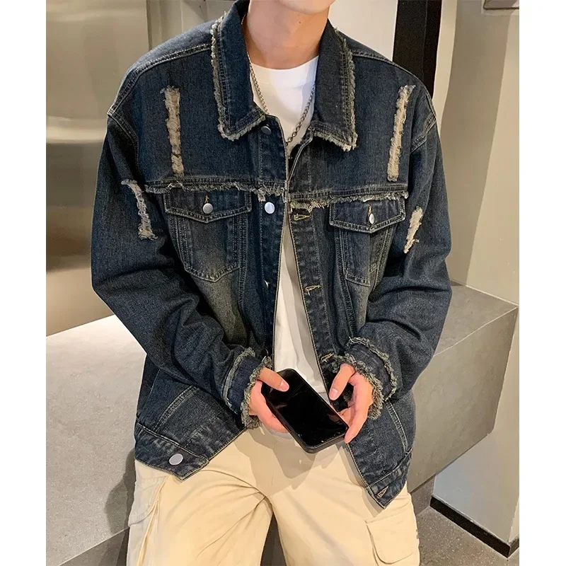 Autumn Fashion Elements Autumn New Product 2024 Retro Blue Design Flip Collar Versatile Denim Jacket for Men Shirts for Men