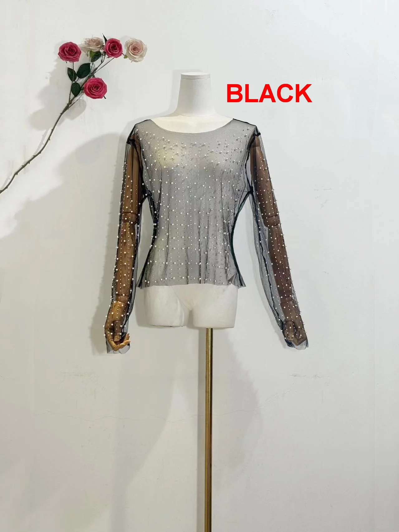 H80&S90 Amazing Women Pearl Rhinestone Mesh Sexy See Through Tops Holiday Long Sleeve O-Neck Diamond Pullover Cover Up Beachwear