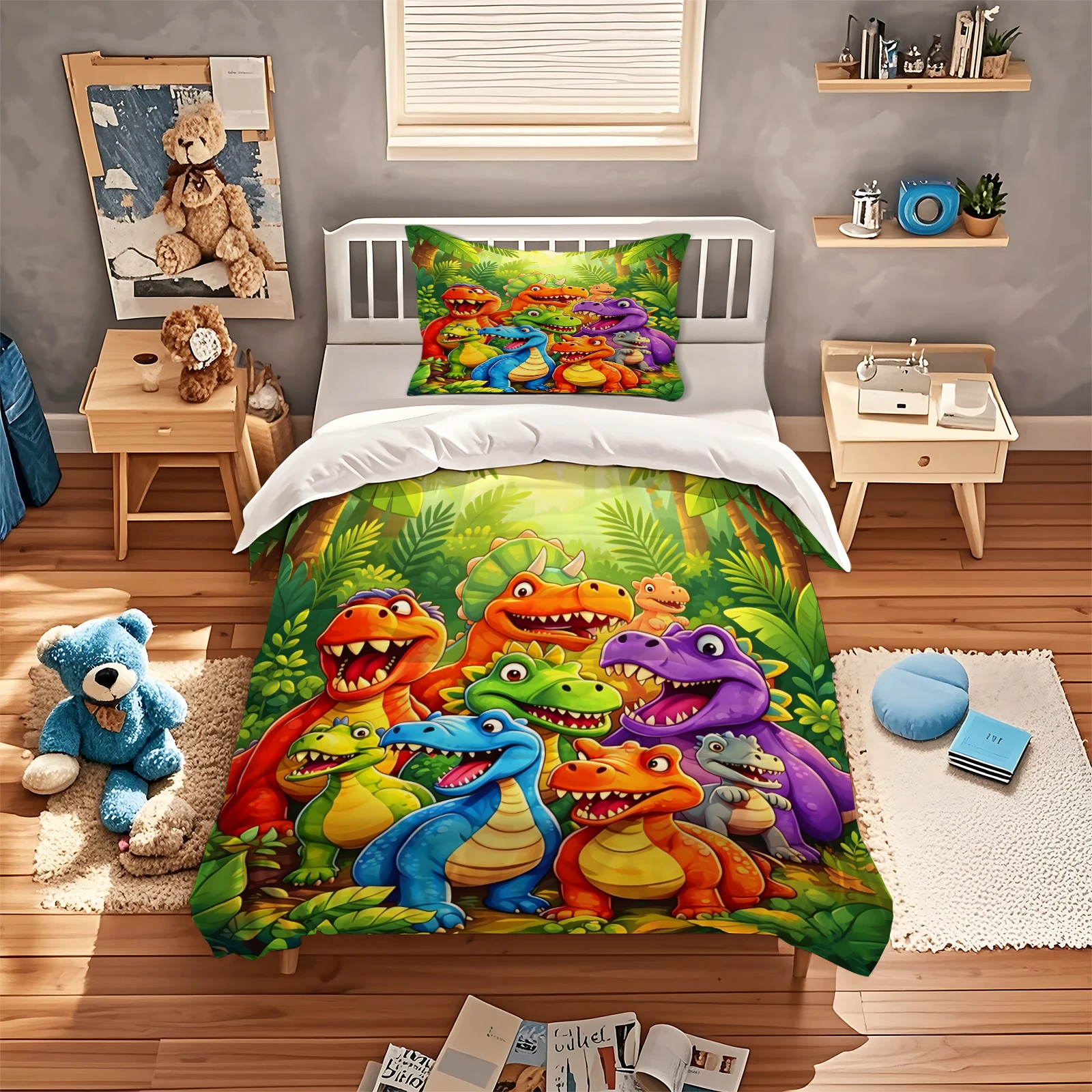 Jungle Cartoon Dinosaur Bedding Set Vibrant Multi‑Color Dino Animal Duvet Cover Set Soft Polyester Quilt Cover With Pillowcase