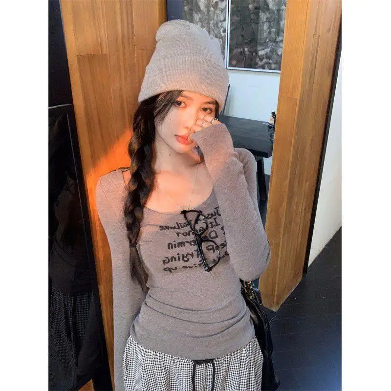 فتاة منخفضة العنق U طوق طويلة الأكمام تي شيرت الزراعة الذاتية مثير لينة لزجة ملابس داخلية موضة هوتي الخريف بلايز بالجملة