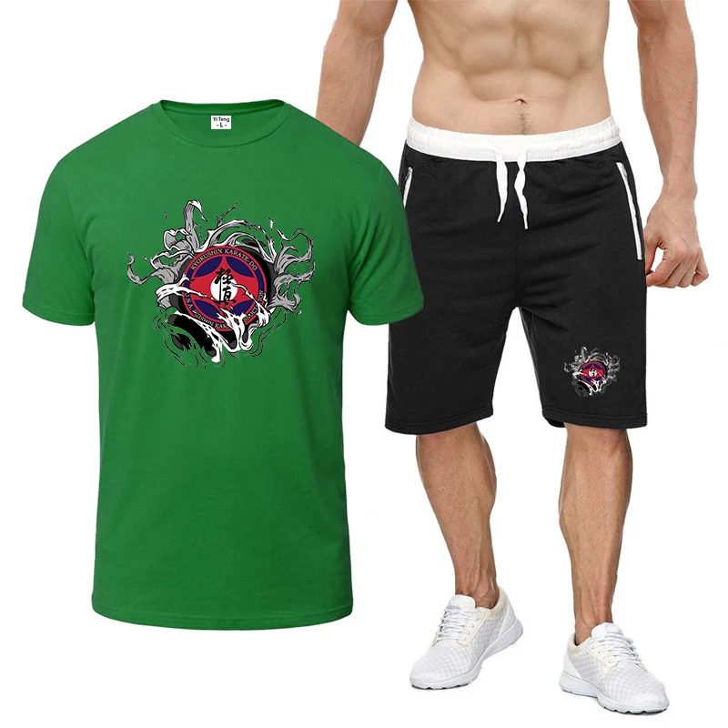 

2026 Kyokushin Karate Print Summer Men's Harajuku New Styl Nine Color Short Sleeved T-Shirt Casual Shorts 2-piece Suit