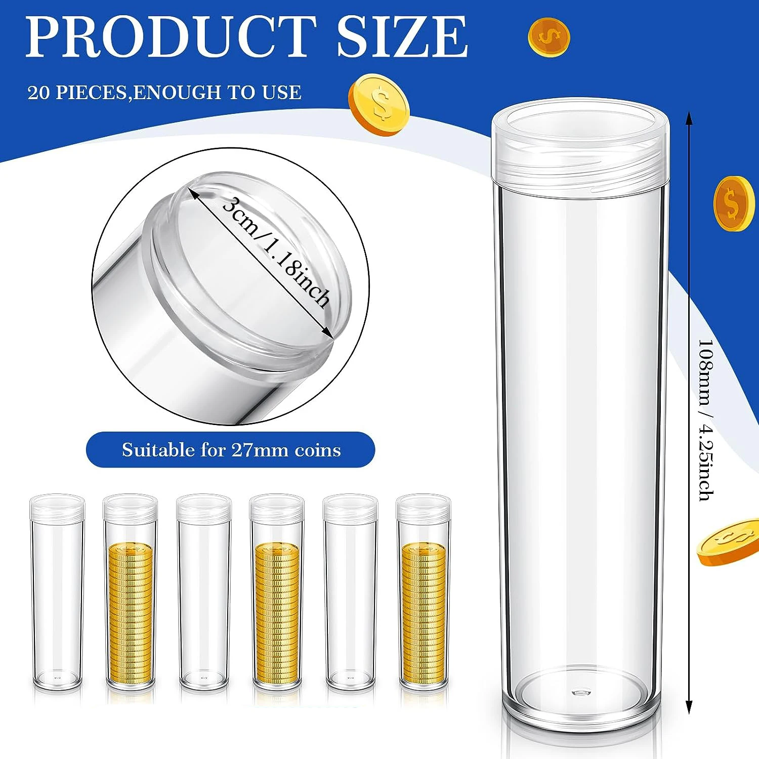 10Pcs Coin Storage Tube Small Dollar Coin Container Plastic Round Clear Coin Holders Dollar Coin Organizer Coin Storage Tube