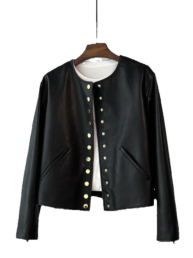 Chaqueta corta de cuero de estilo americano, chaqueta fresca y fresca con temperamento de alta gama y cuello redondo negro súper hermoso, High Street J