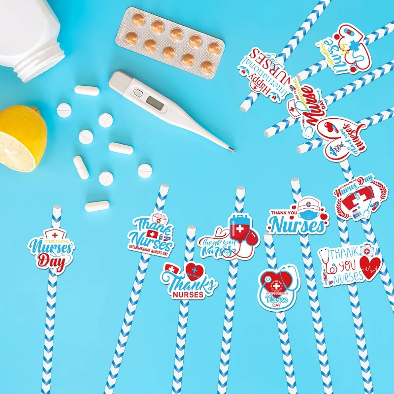 24pcs Happy International Nurses Day Disposable Paper Straws, Thank You Nurse Drinks Decoration Plug-In Supplies view 3