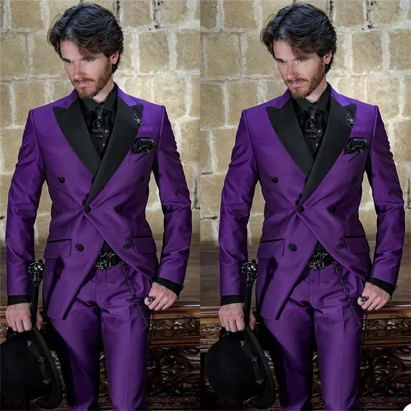 Italian Purple Men Suits Groom Tuxedo Prom Slim Fit Blazer Hombre Double Breasted High Quality Custom 2 Piece Set Costume Homme