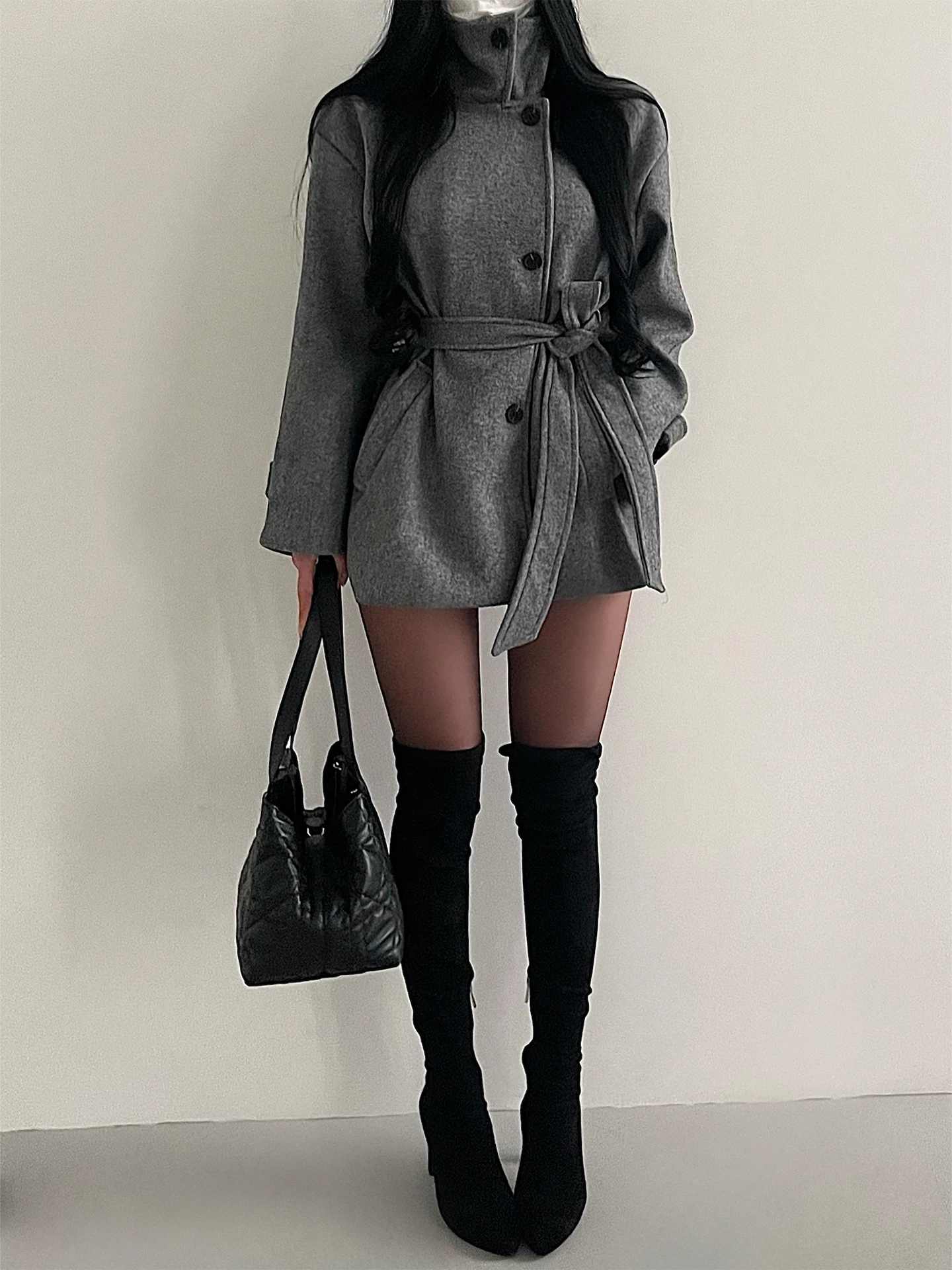 

Korean Sle Women's Woolen Coat Single Button Stand Collar Belted Slim Fit Autumn Winter Long Sve Windbreaker