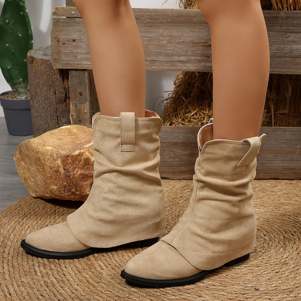 

Brand Design Folded Pleated Western Boots Woman Autumn Pointed Toe Low Heel Slip-on Cowboy Boots Ladies Solid Mid-Calf Botas
