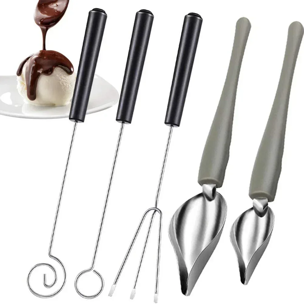 

5 Pcs Stainless Steel Candy Dipping Tools Chocolate Dipping Fork Spoons Set Sauce Spoon Bakeware Cake Tools Kitchen Dining Bar