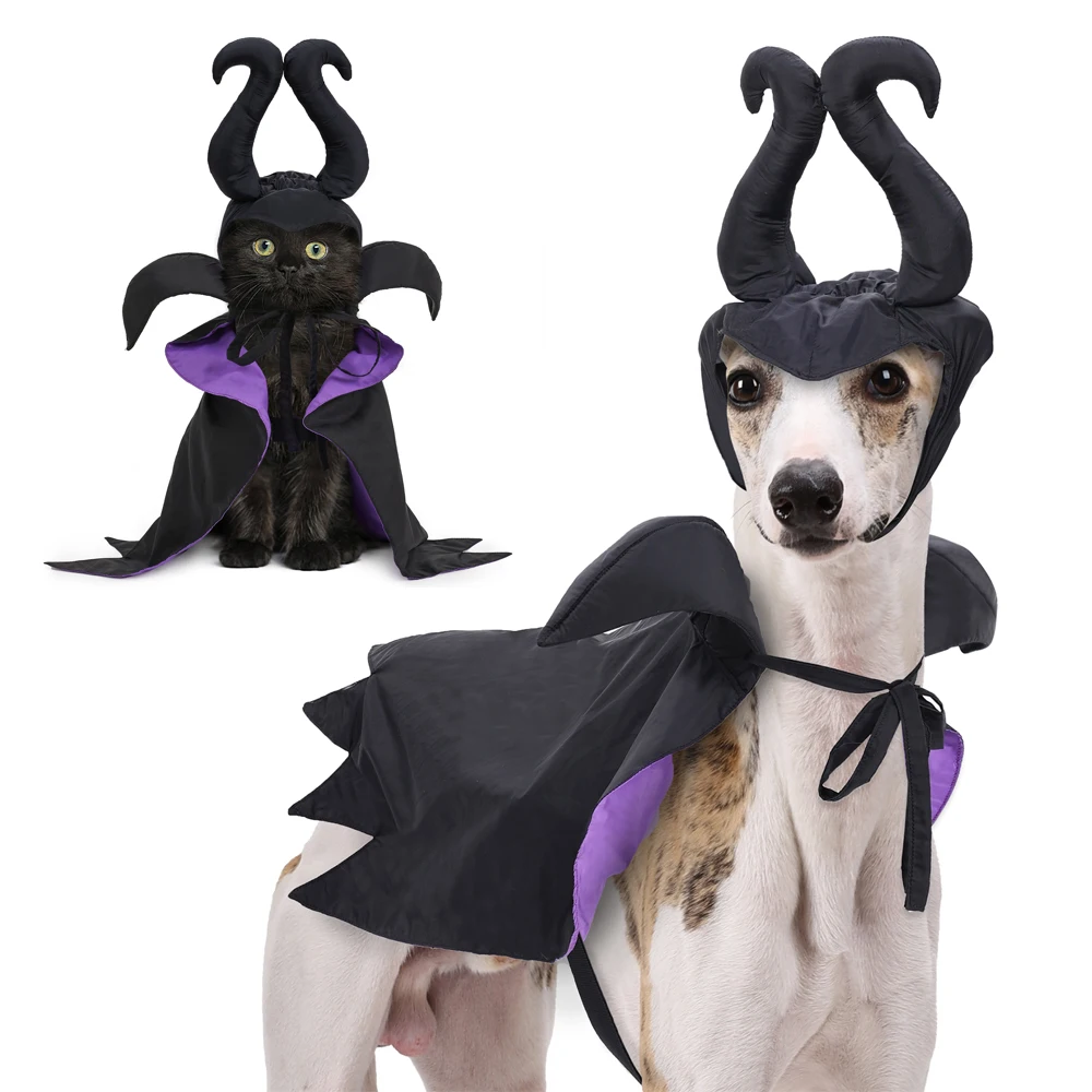 Halloween Dog Costume Black Purple Pet Maleficent Costume for Cats Dogs Adjustable Dog Dress Up Cape with Hat Funny Party Outfit