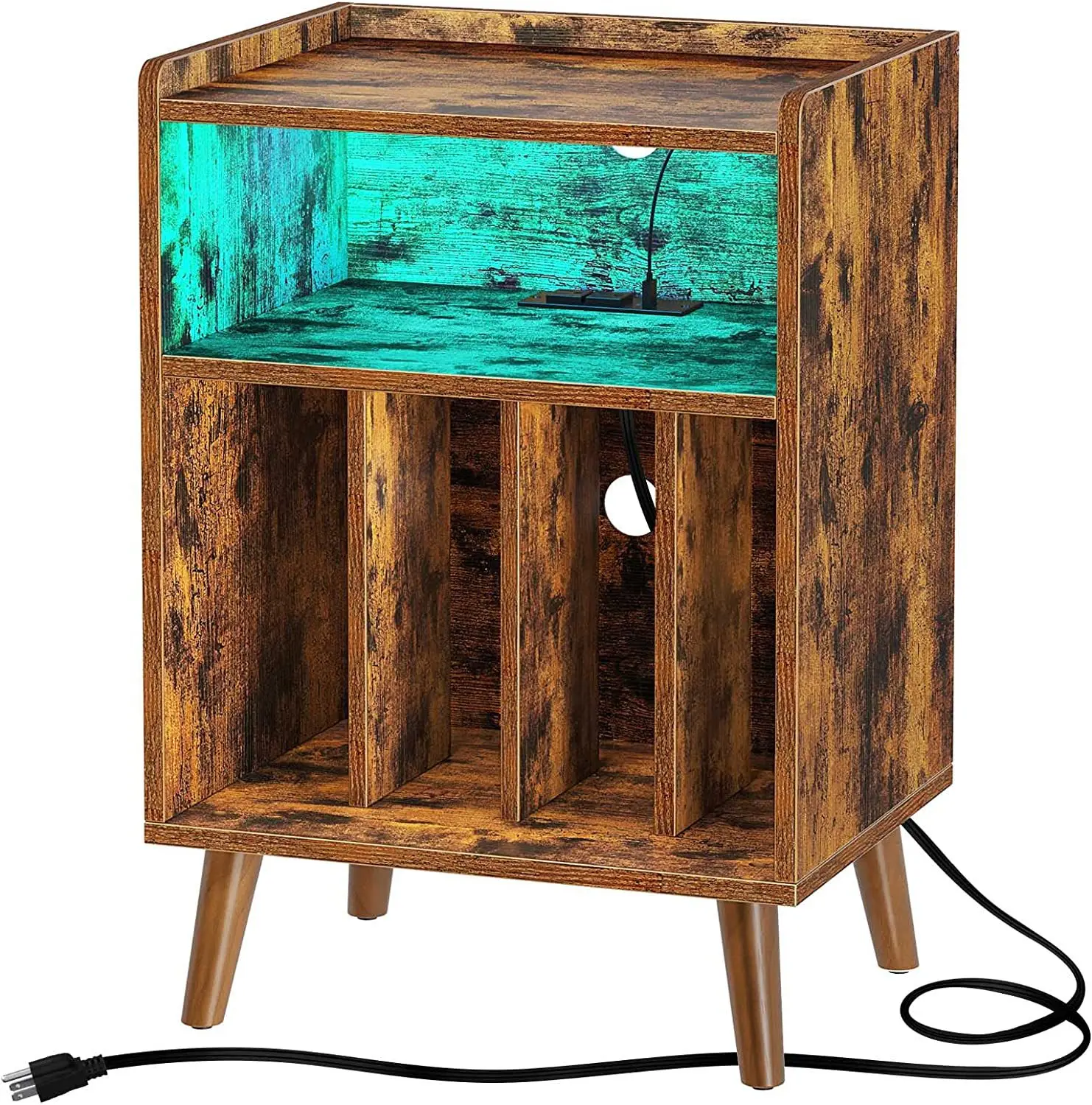 Wooden CD Storage Rack with Power Socket & USB Charging Record Player Shelf for Dining Living Room Nightstand or Side Table