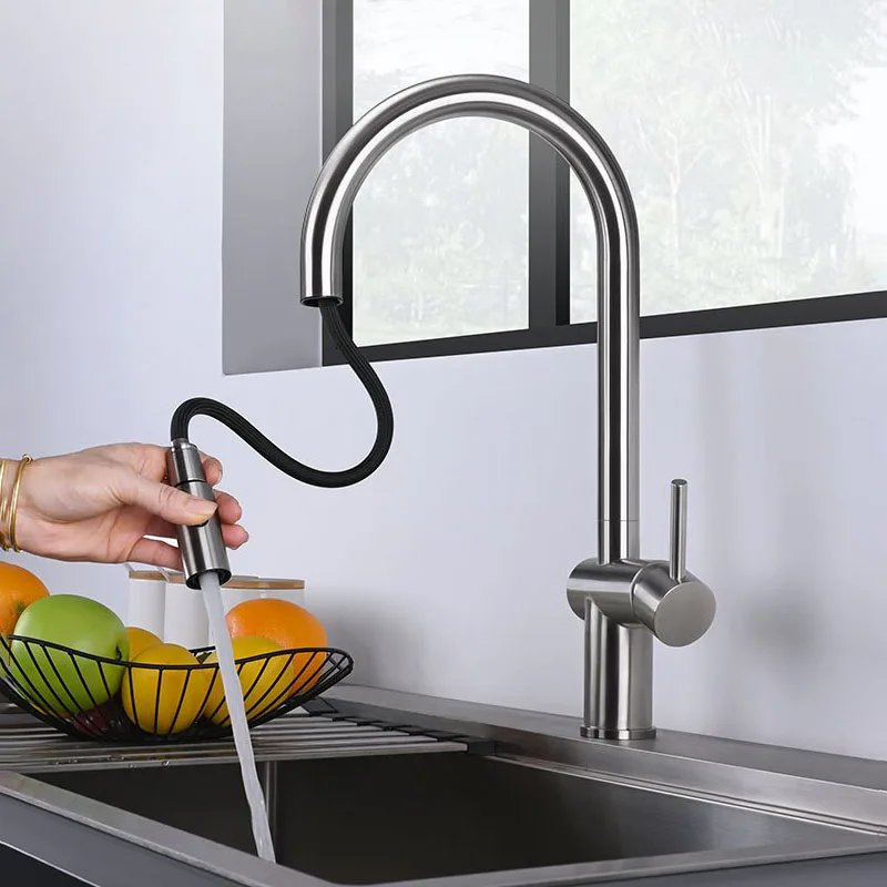 Brush Rose Gold Faucet Kitchen Sink Hot Cold Mixer Pull Out Down Tap SUS304 Stainless Steel 360 Degree Rotation Luxury Faucets