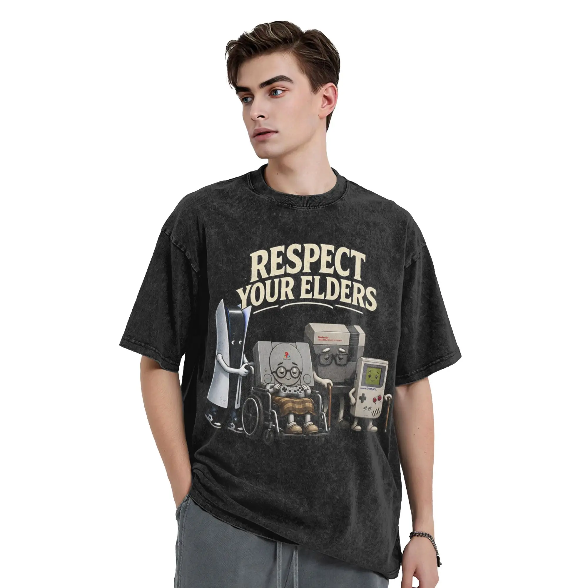 Respect Your Elders Console  Vintage Washed T Shirts Men Women's Cotton Funny T-Shirts O Neck  Tees Short Sleeve Tops Summer