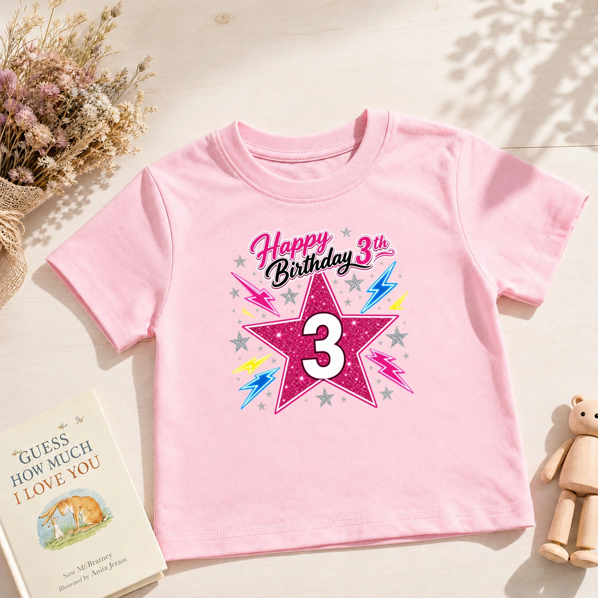 Toddler Girls Short Sleeved Birthday T-shirt Star Digital Printed Tops Summer Party Cotton Tees 3 4 5 6 7 8th