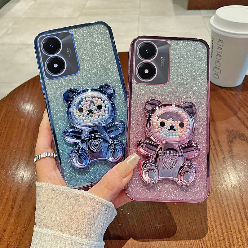 For Vivo Y02s Case Soft Silicone Bling Shockproof Electroplated TPU Cell Phone Casing For V2203 Back Cover Cute Bear Stand