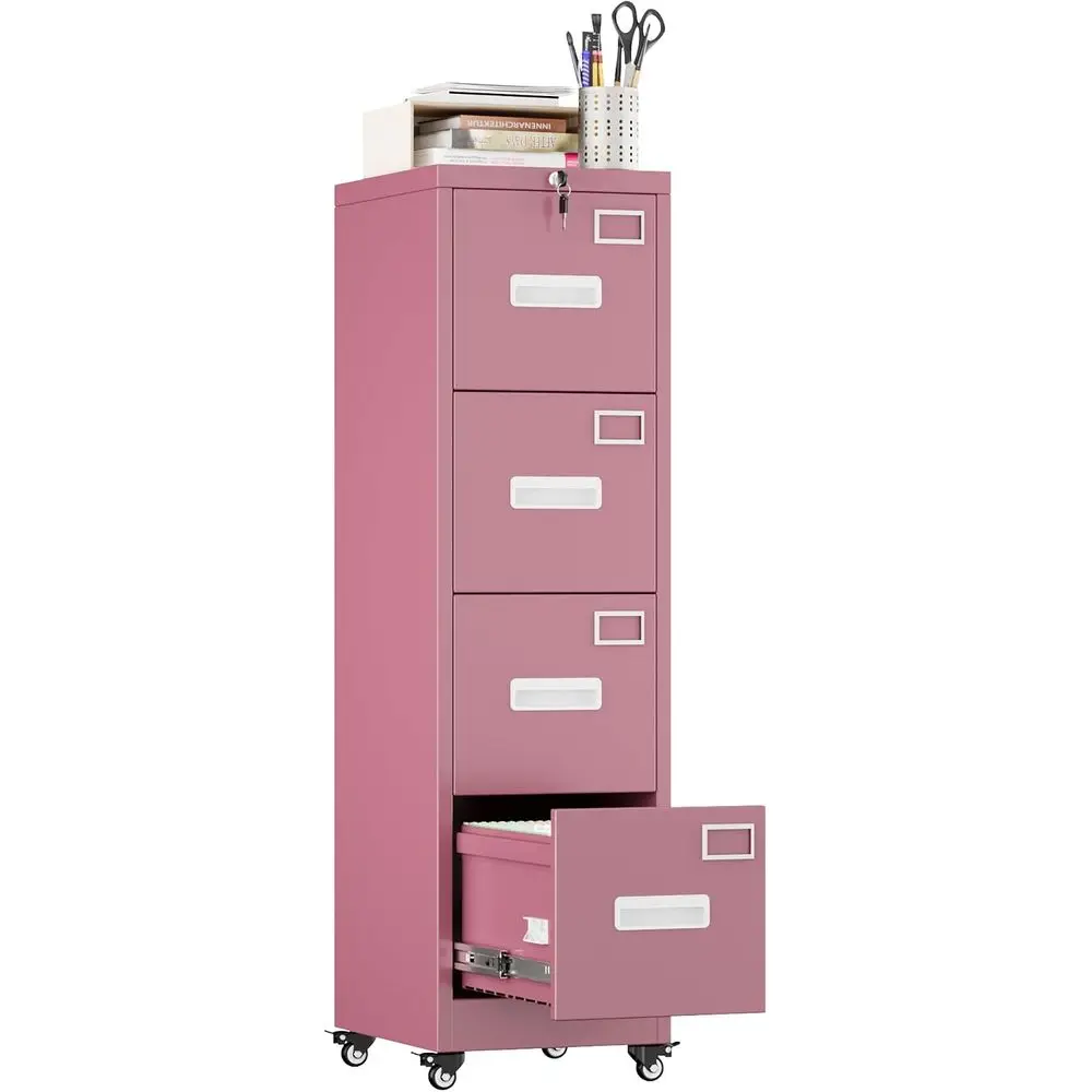 4 Drawer Metal Filing Cabinet with Lock, Wheels, Anti-Interlock System, Locking Office Storage for Letter/Legal Files, Pink, Req