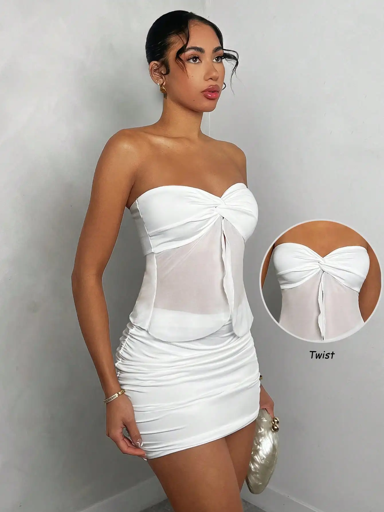

White Strapless Twist Front Sheer Ruched Two Piece Mini Dress Set For Date Night Party Holiday Outfit