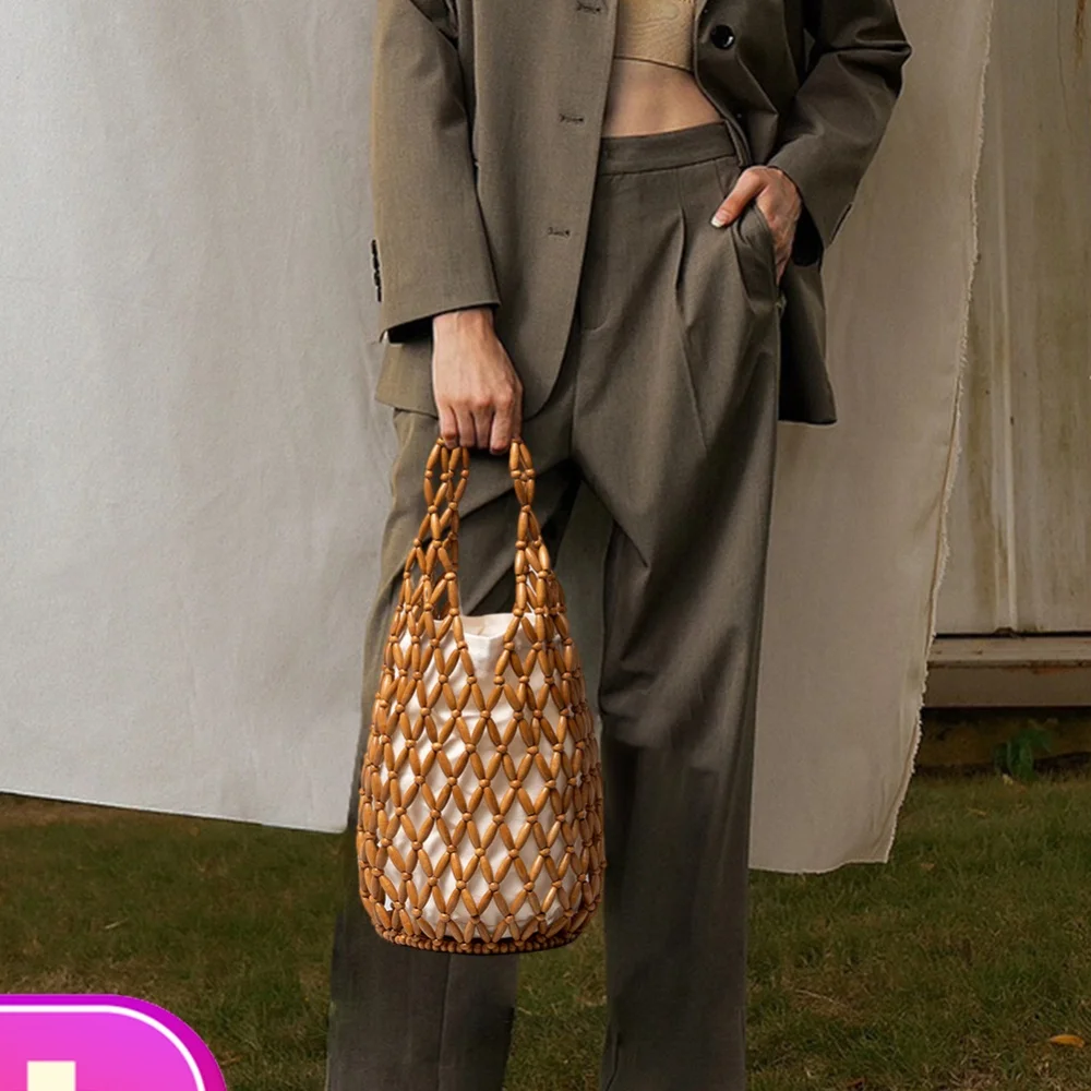 

Women Woven Hand Bag Summer Design Hollow-out Wooden Bead Tote Bucket Shoulder Bag Female Reticulate Netted Canvas Beach Handbag