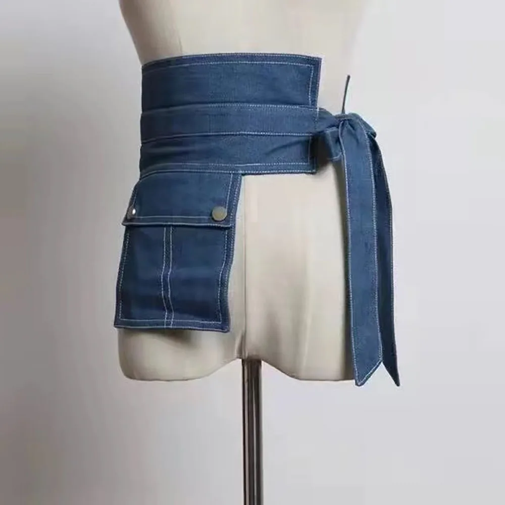 Denim elastic waistband for outer wear with shirt wide belt button decoration waist bag cloth belt waist tie for summer