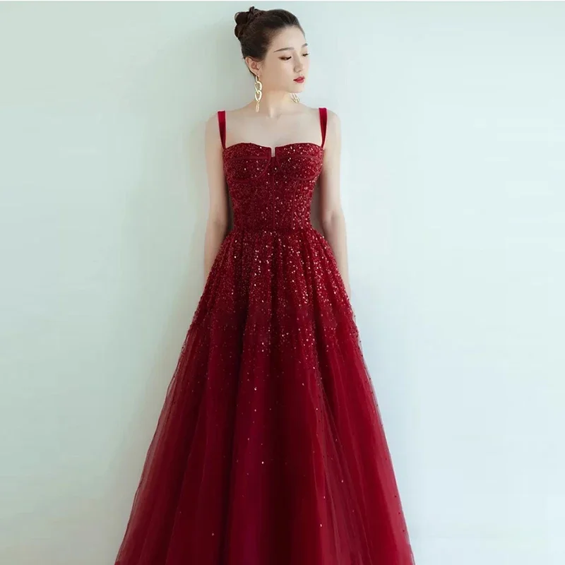 Evening Dress Burgundy Tulle Beading Spaghetti Strap Lace up A-line Floor Length Plus size Women Party Formal Gown Customization