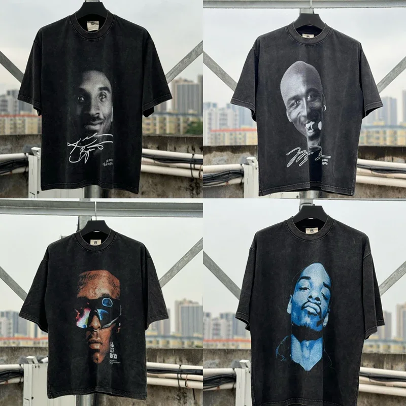 

2024 New Limited Portrait Pattern Short-sleeved T-shirts Vintage Washed Do Old High Street Hipster Men Women All-match Top Tee