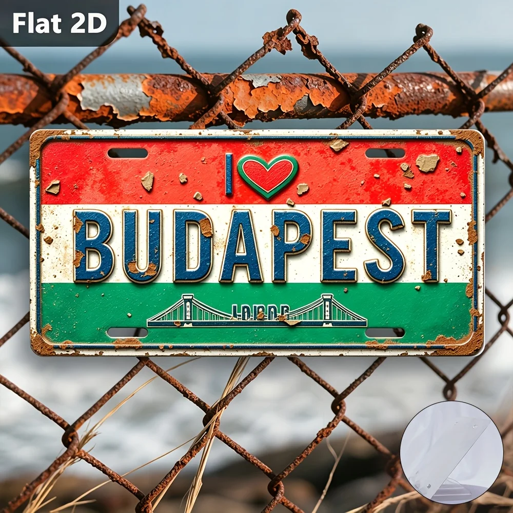 2D Flat, 2D Flat - A Vintage Sign Featuring a 2D, Measuring 30.48cm by 14.99cm, with The Phrase 'I Love Budapest.' This Is a
