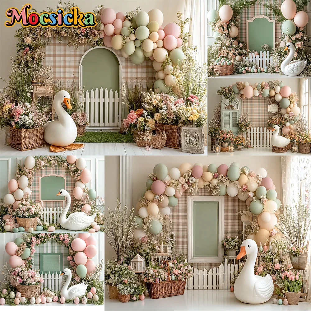 Mocsicka Spring Photography Backdrop Cute White Goose Balloon Decoration Baby Shower Easter Party Backgrounds For Photographs