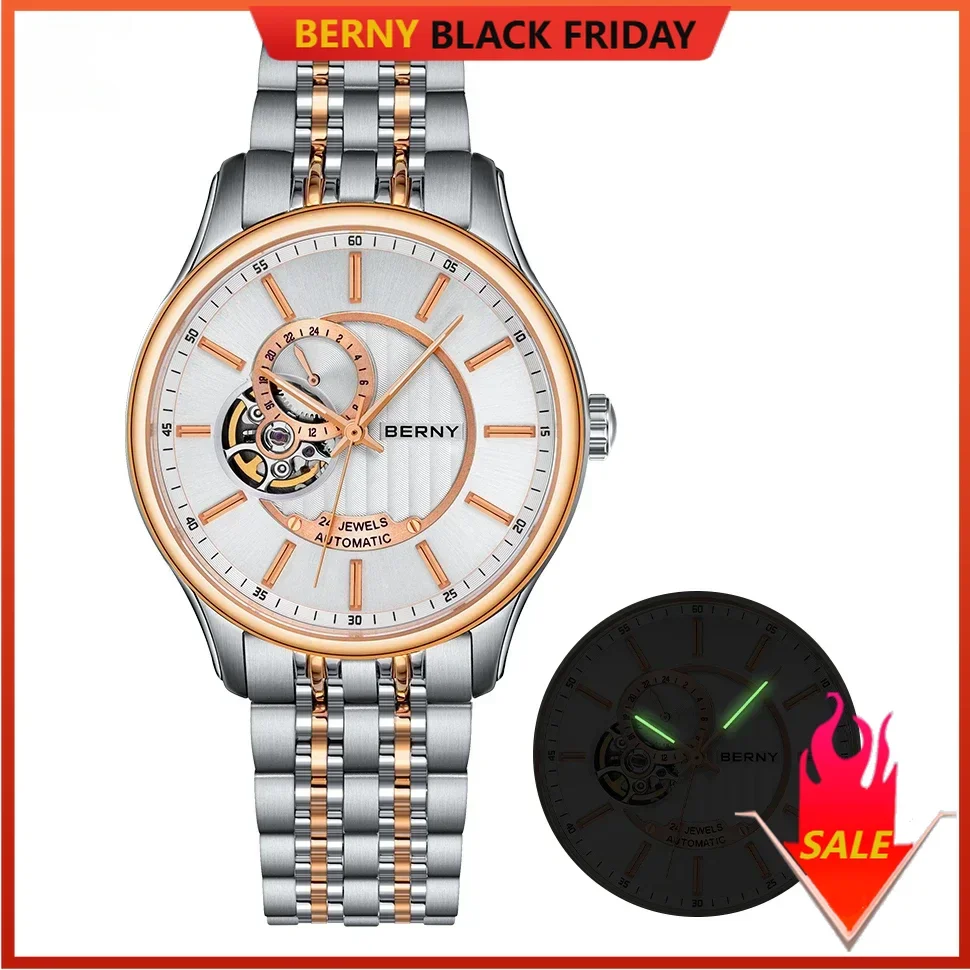 BERNY Automatic Mechanical Man Watch NH39 Luxury Elegant Skeleton Sapphire Dress Watches Full Stainless Steel Business