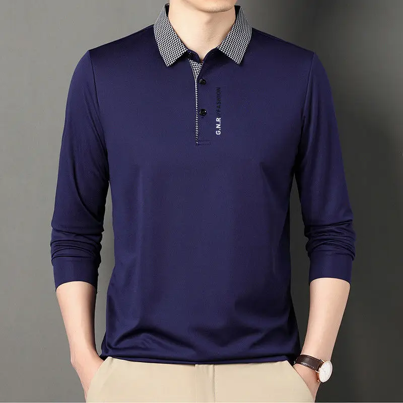 Fashion Men Business Casual Polo Shirts Spring Autumn Basic Male Clothes Printed Letter Loose Long Sleeve Social Versatile Top