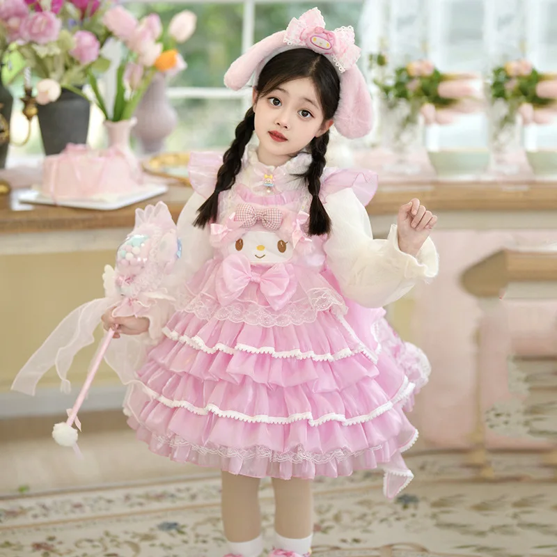만화 Kuromi 멜로디 Cinnamoroll 드레스 소녀 카와이 로리타 공주 스커트 사계절 슬립 드레스 코스프레 파티 의상 어린이 선물