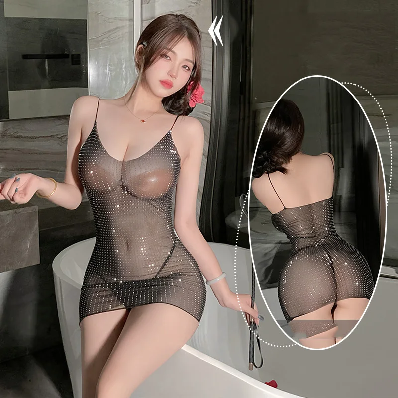 Sexy lingerie Spicy girl low cut suspender tight see through bright diamond dress xxx sexy tоy girl crossdresser sexy clothes