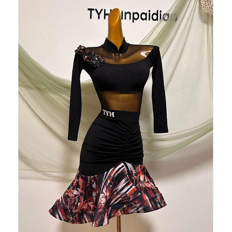 

New Latin Dance Dress Women Practice Clothing Long Sleeves Tops Fishbone Skirt Adult Rumba Dance Performance Clothes DNV18970