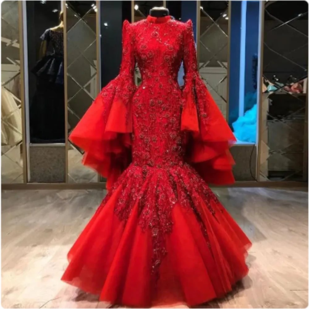 

Vintage Red Mermaid Evening Dresses High Neck Asymmetrical Long Sleeves Beading Muslim Formal Occasion Gowns Party Prom Dress