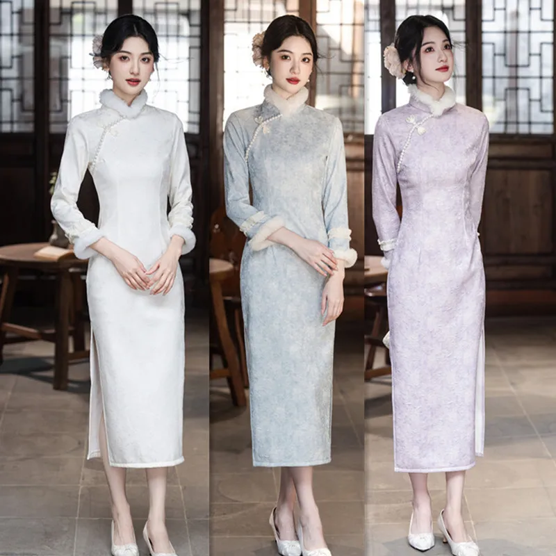 

Yourqipao Jacquard Long Velvet Cheongsam 2025 Winter Chinese Traditional Qipao Evening Dress for Women 2026