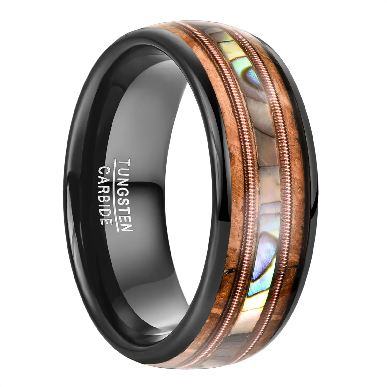 NUNCAD 8mm Guitar Strings Abalone Wood Dome Tungsten Carbide Ring Men's Wedding Jewelry Gift