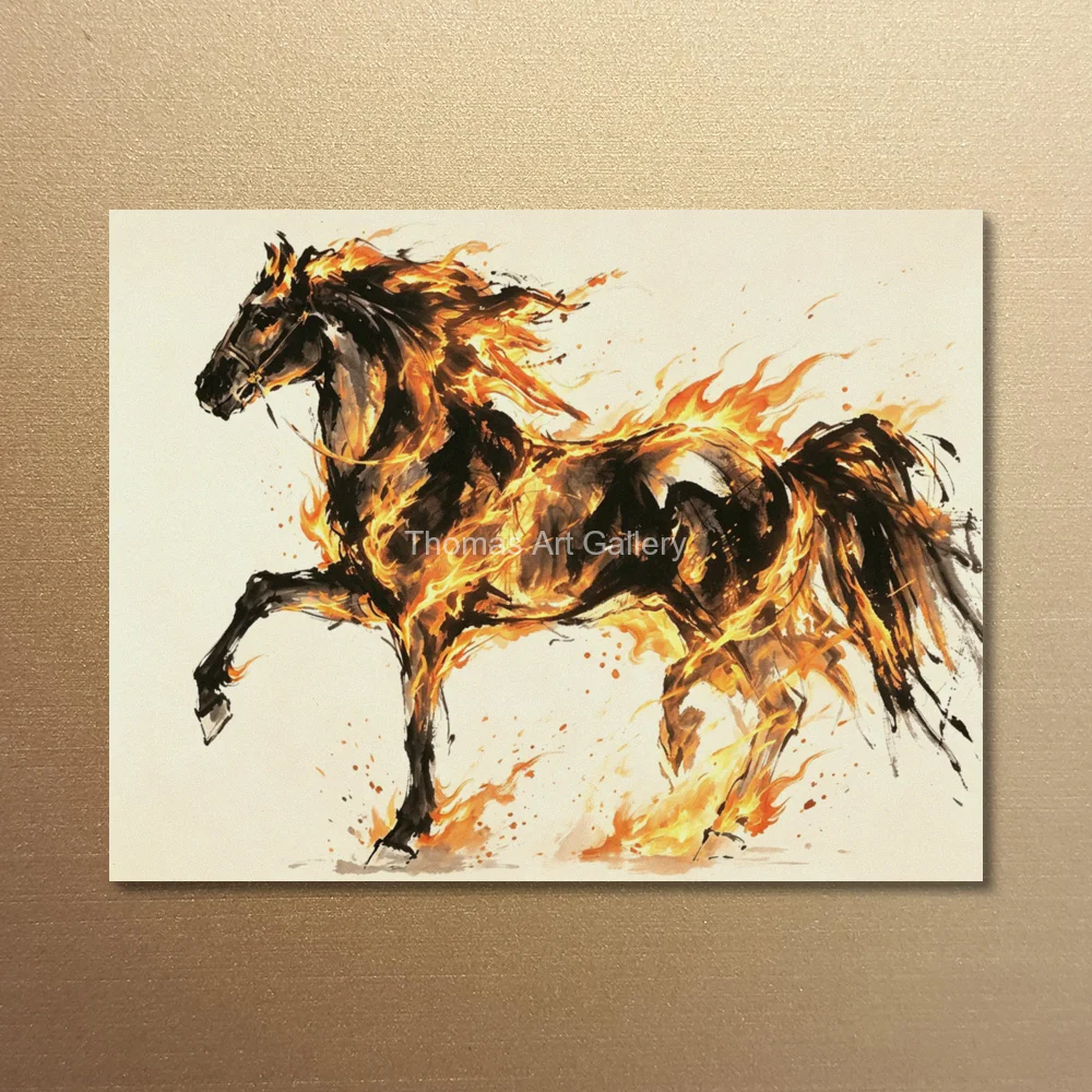 Large Minimalist Fire Horse Canvas Art HD Print Black Gold Horse Splatter Abstract Animal Wall Decor for Living Room Home Office