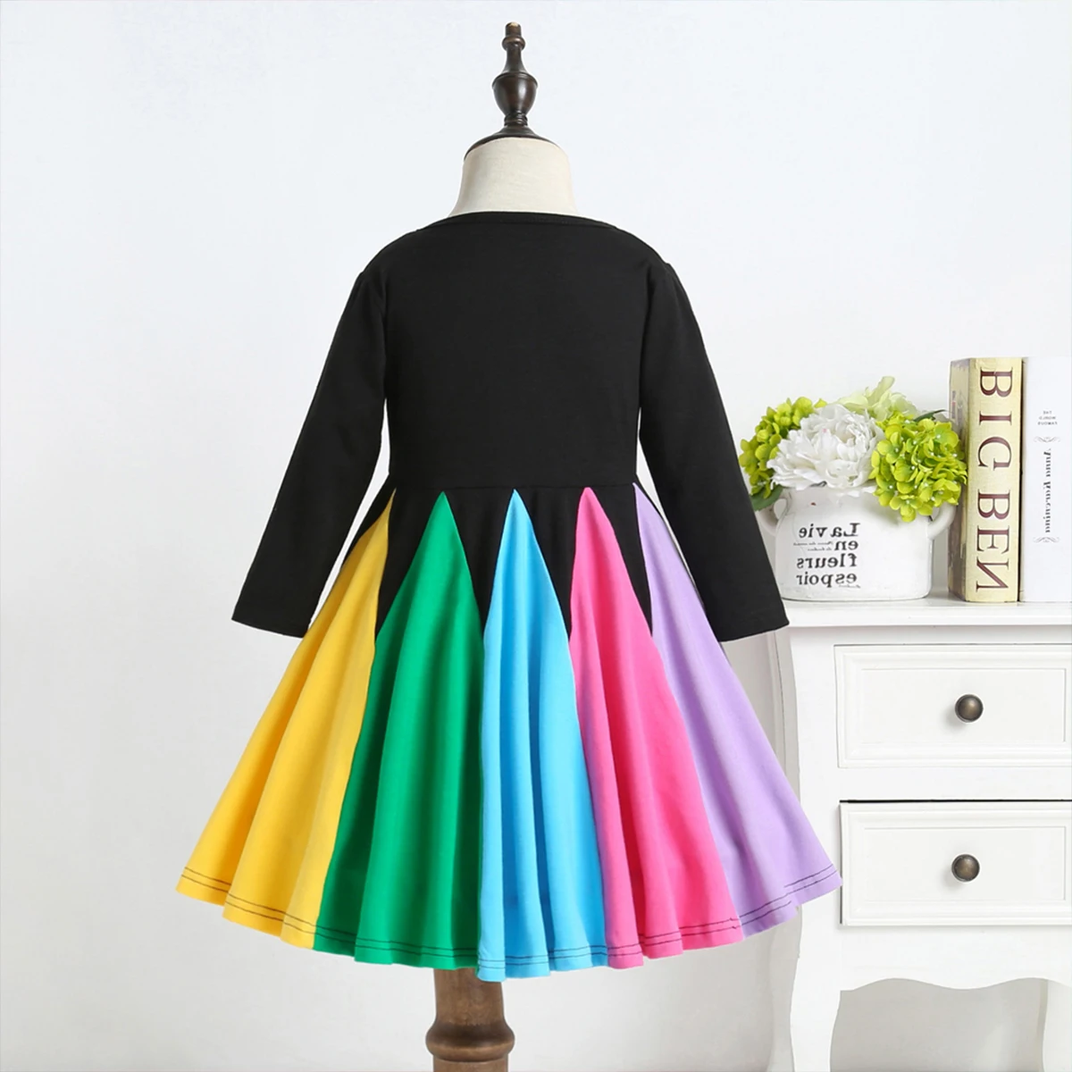 Girls Long Sleeve Rainbow Dress Winter Dress Cotton Casual A Word Rainbow Striped Dress Kids Dress Collar Kids Clothes