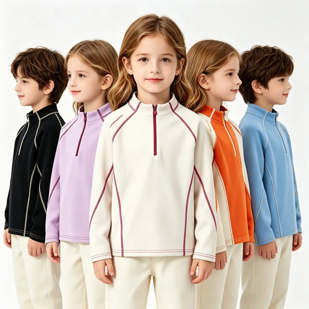 Autumn Winter Boys Girls Half‑Zip Fleece Pullover Kids Warm Thermal Base Layer Long Sleeve Stand Collar Sport Casual Sweatshirt