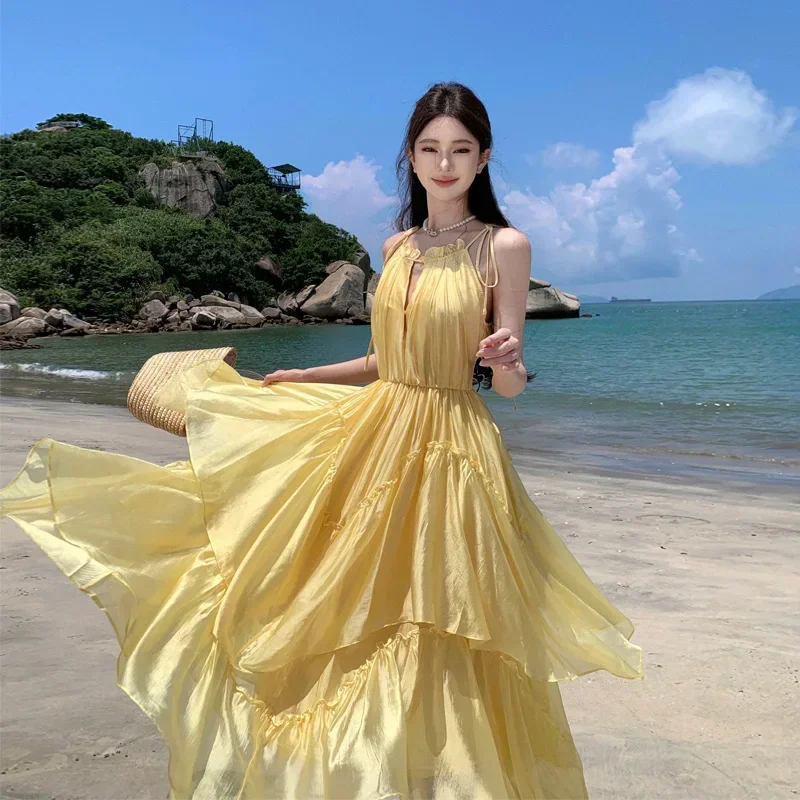 

2024 New Long Elegant Lolita Holiday Dresses O-Neck Ladies Strappy Vacation Dress Summer Slim Graceful Women Yellow Sundress