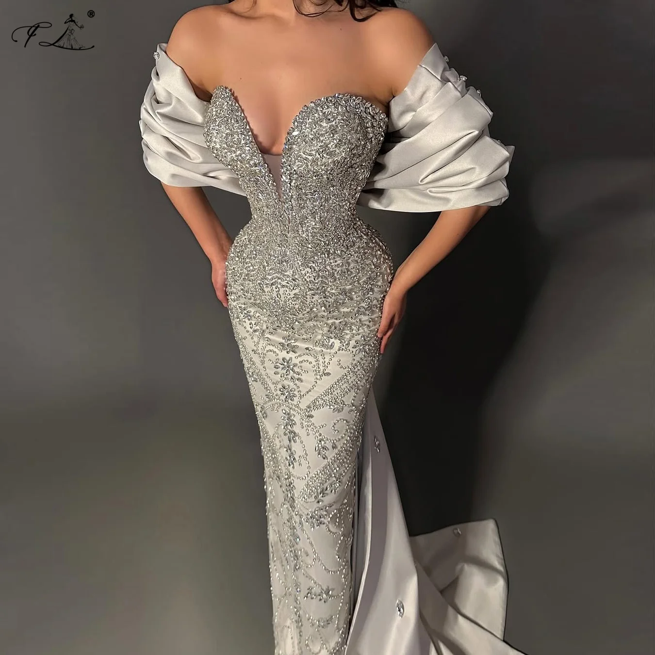 Luxurious Crystal Evening Dress With Detachable Cape Silver Cocktail Dress Deep V Mermaid Dress High End Bespoke Dress Ceremony