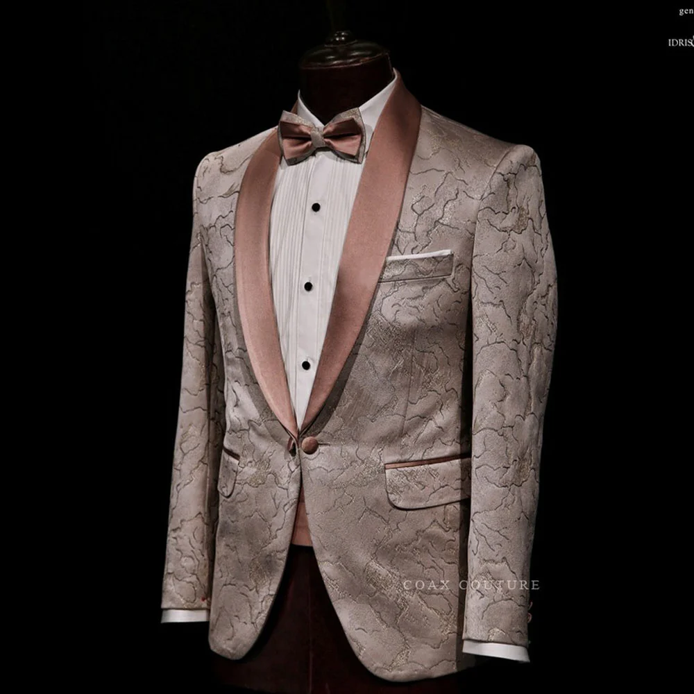 Abiti da sposa da uomo Jacquard bianco con colletto in raso nero Smoking 2 pezzi Abiti da sposo Terno per uomo (giacca + pantaloni)