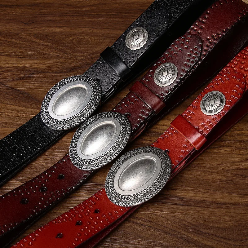 Men's Vintage-Style Trendy Genuine Top-Grain Leather Western-Inspired Plate-Buckle Belt Punk-Style Rivet Smooth-Bu