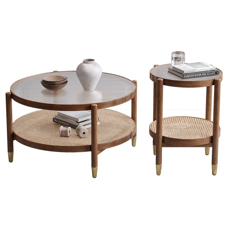 Solid Wood Rattan Woven Coffee Table Living Room Sofa Side Table Japanese Round Glass Table Mobile Storage Ddesk Home Furniture