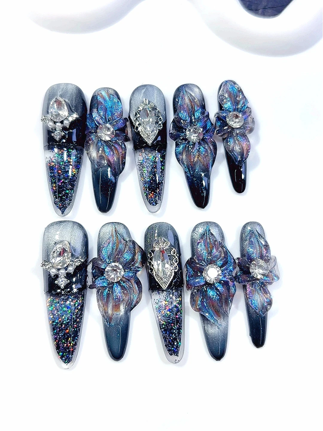 

Glam Galaxy Flow Resin Press-On Nails - Stiletto Shape, Iridescent Dark Blue Base, 3D Floral & Diamond Accents (O006)
