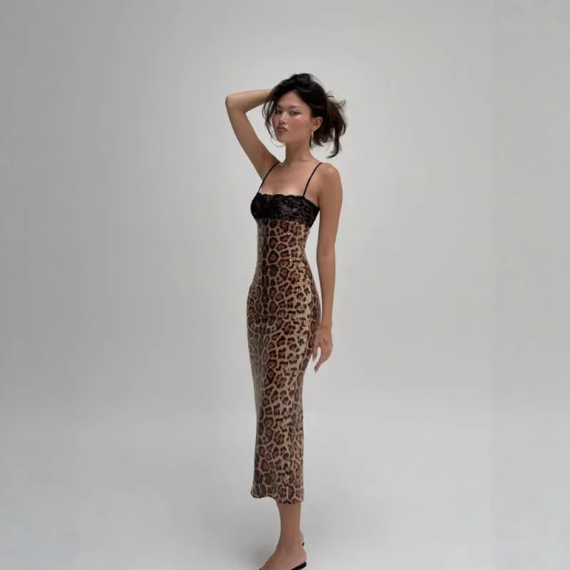 Leopard Print Lace Patchwork Slip Dress,, Bodycon, Long Dress Hot Girls, Party Dress With A Stylish Vibe