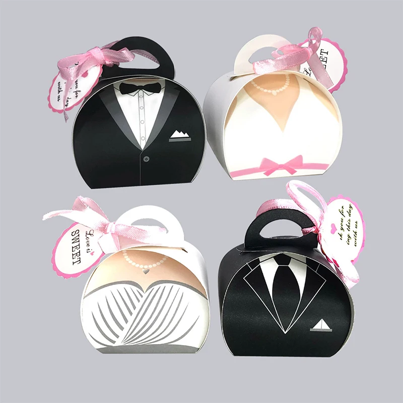 New Creative Wedding Ribbon Card Candy Biscuit Box Bride and Groom Fashion Double-Breasted Dress Box Party Return Gift