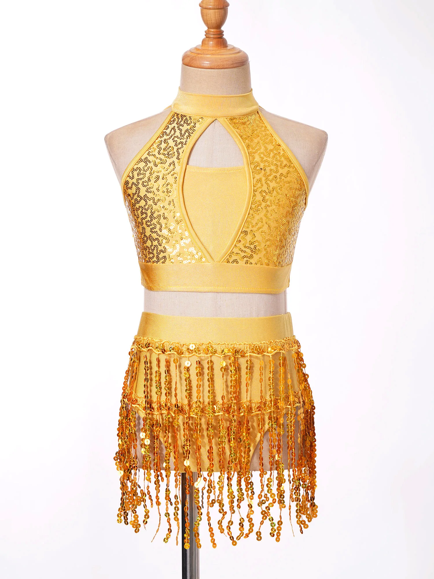 6-16Y Girls Jazz Latin Samba Dance Outfit Sequin Halter Crop Top with Fringe Shorts Set Ballet Gymnastics Performance Dancewear