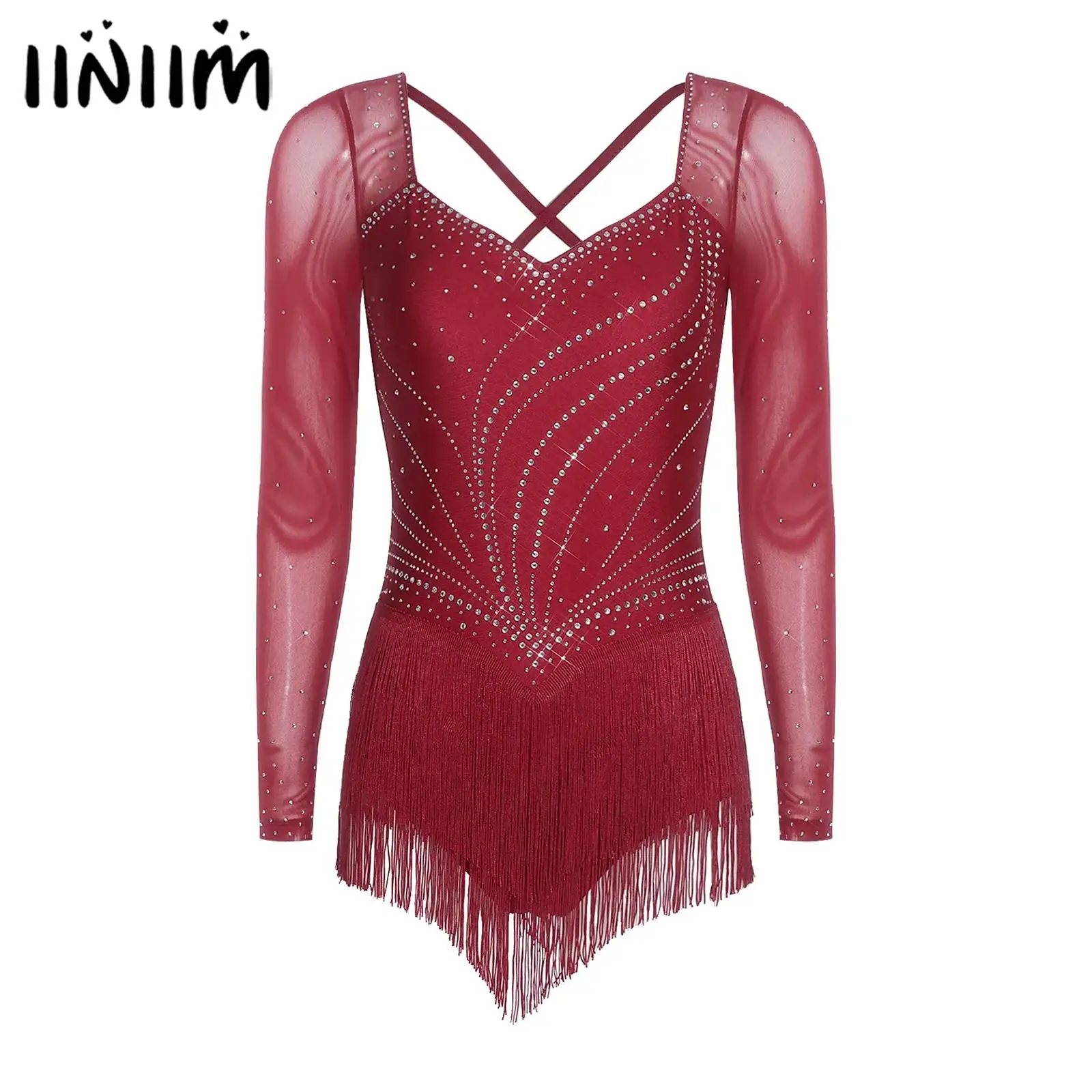 

Женский трико для латинских танцев, комбинезон со стразами, боди с кисточками, гимнастический костюм для фигурного катания, танго, румба, танцевальный костюм